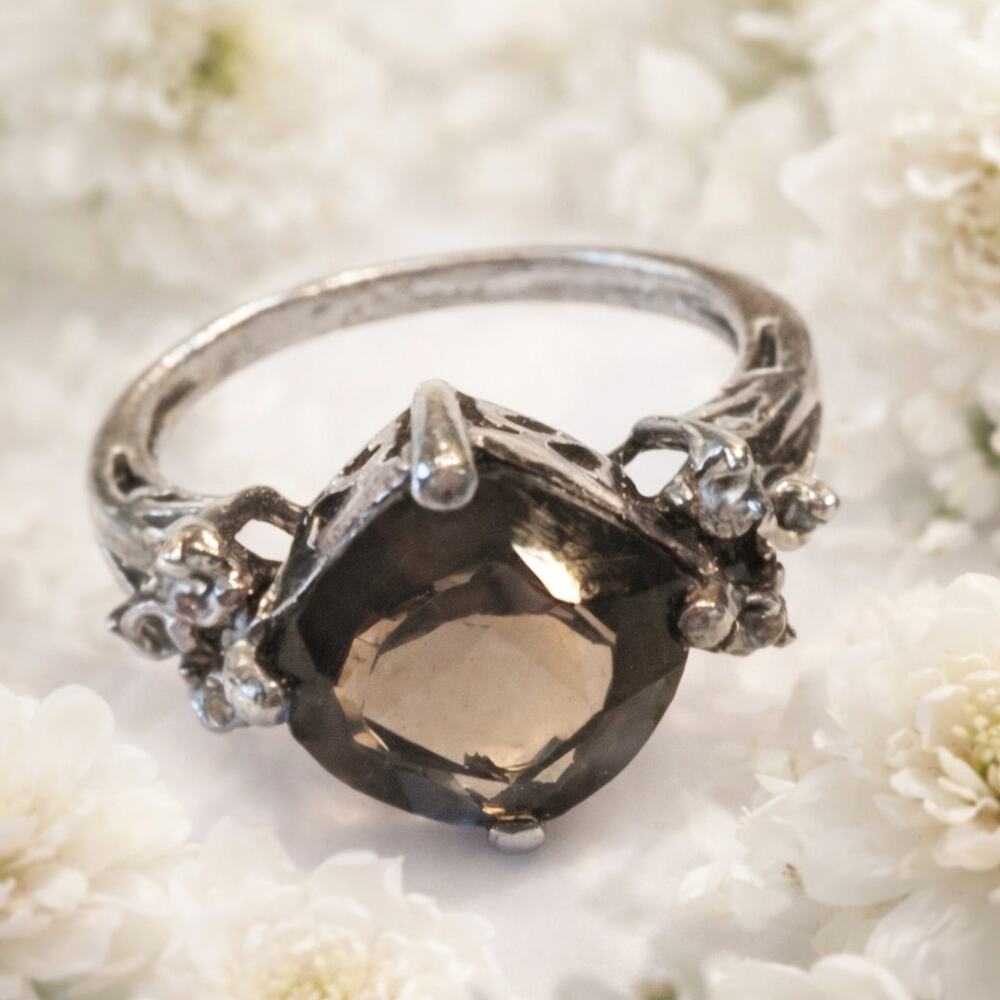 925 Sterling Silver Smoky Topaz Ring Size 6 Princess Cut Filigree Ornate VTG